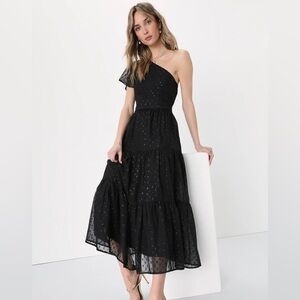 NWT Lulus Shining Sight Black Metallic Gold Dotted One-Shoulder
Midi Dress